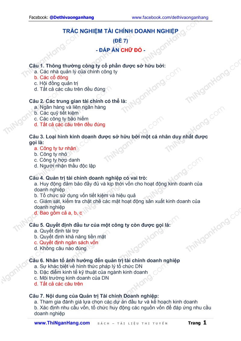 Trắc nghiệm Tài chính doanh nghiệp (TCDN) - Đề 7 (kèm Đáp án)